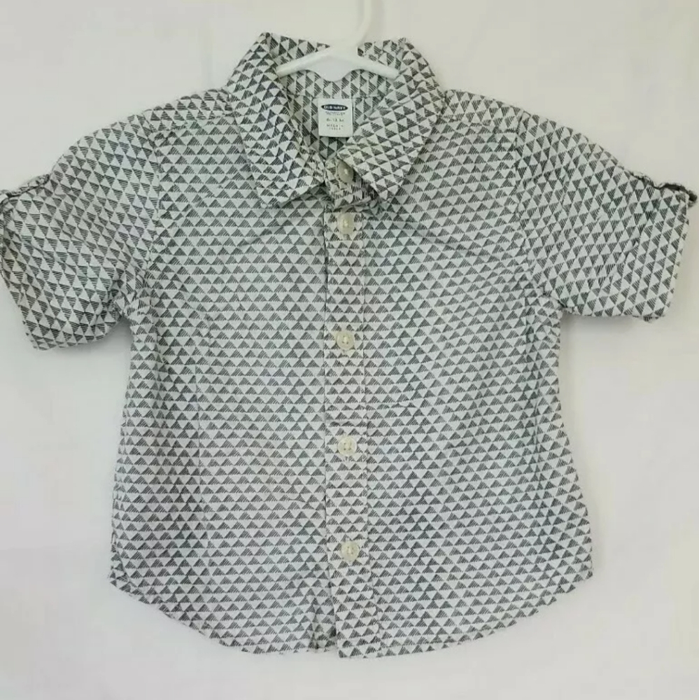 Toddler Boy Old Navy Blue White Button Up Collar Short Sleeve Shirt 6-12 Months